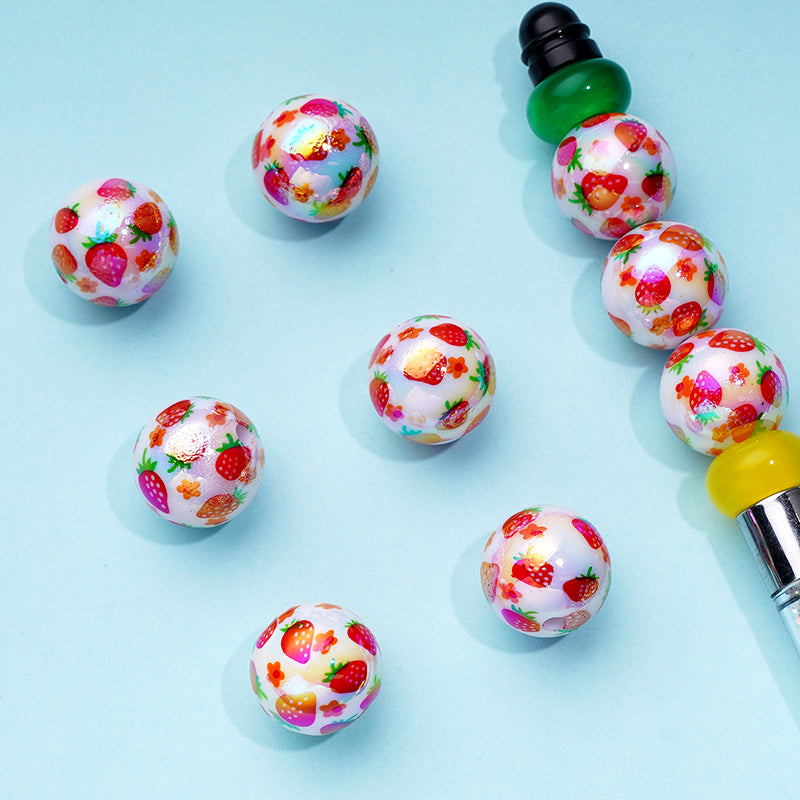 UV Coating Acrylic Beads with Flower Prints and Starwberry, White Random Mix, 16MM