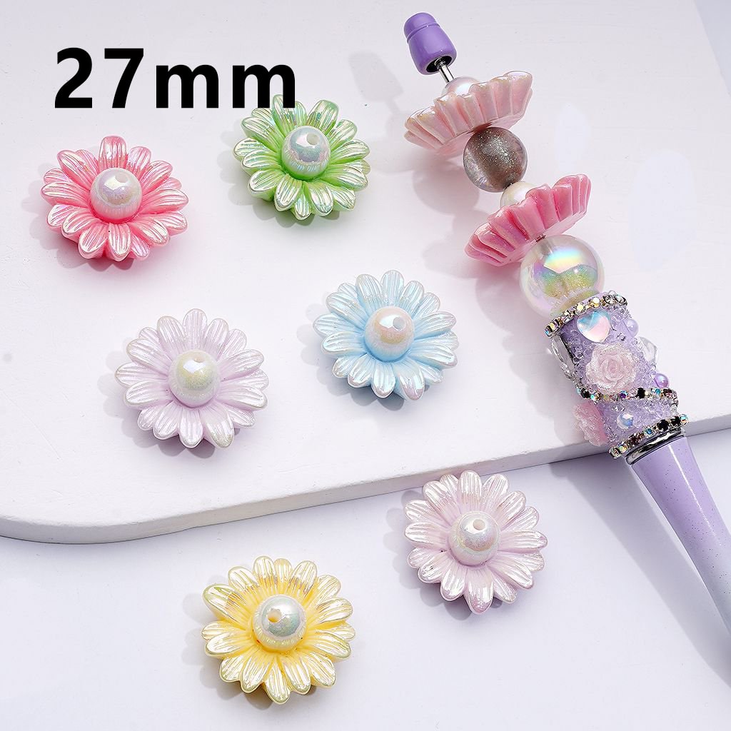 Daisy Flower Acrylic Beads – 27MM UV Coated with Shiny Finish & White Pearl Center, Random Mix