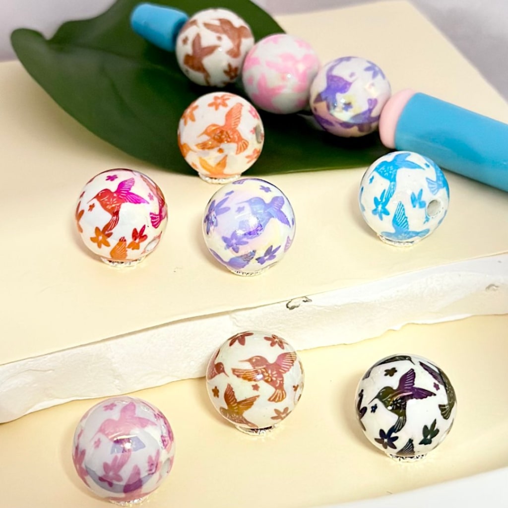 Colorful Birds and Hummingbirds with Flowers, UV Finish White Round Acrylic Beads, 16MM, Random Mix