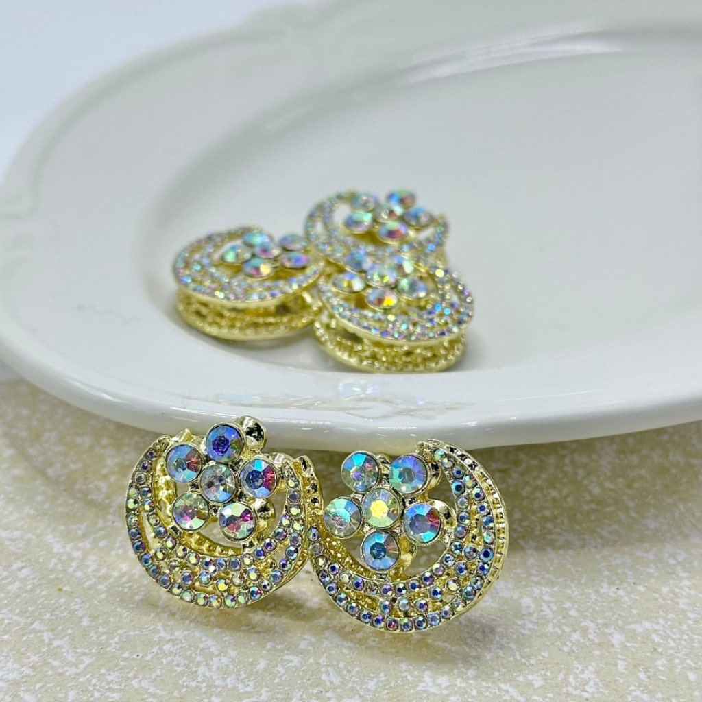 Bling Bling Alloy Cresent Moon Flower with Fancy Exquisite Shiny Rhinestones Beads, Around 24*24MM
