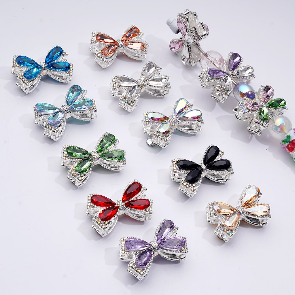 Dazzling Silver Bowknot Beads 24*38MM, Alloy Embellishments with Sparkling Rhinestones