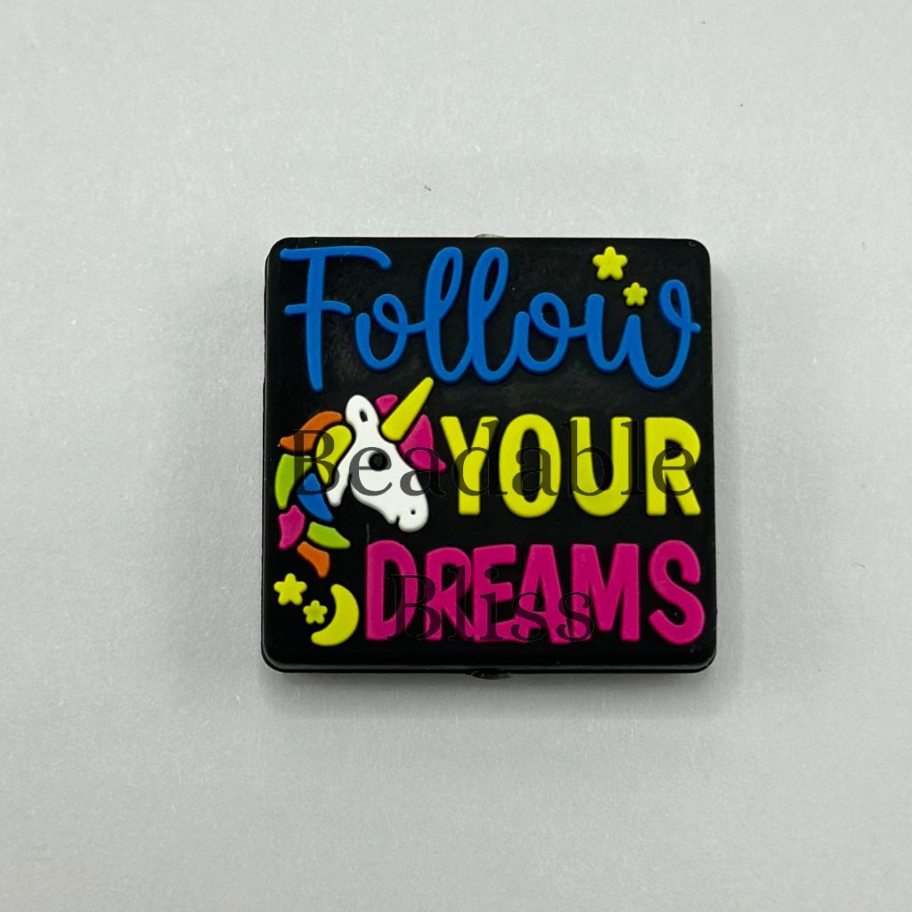 Unicorn Follow Your Dreams Square Colorful Unique Silicone Focal Beads