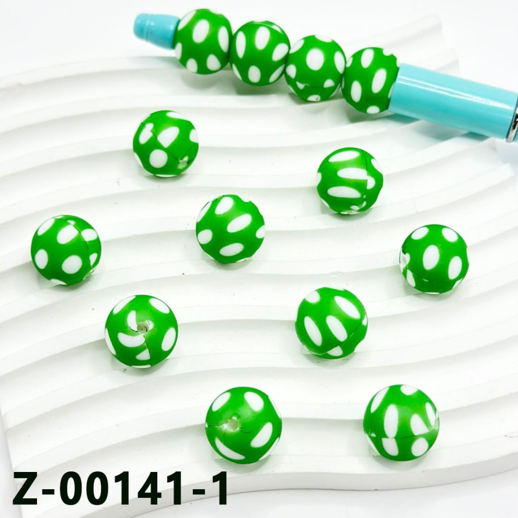 Round Printed Silicone Beads, 15mm, with Green Leaf Clover, Rainbow Cloud, Hat Drink Flower, Number Z-00141