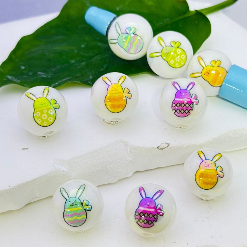 Cute Bunny Rabbit UV Finish Colorful Eggs Easter White Round Acrylic Beads, 16MM