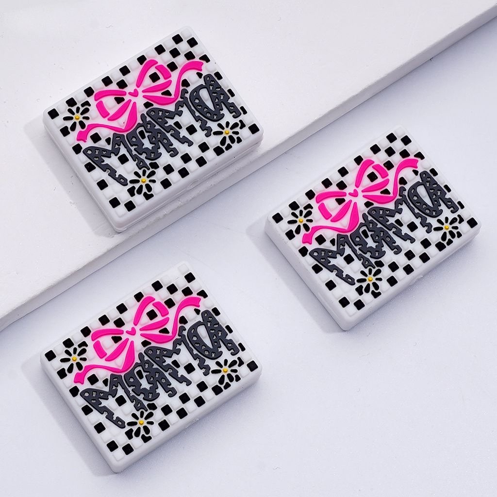 Charming Mini Rectangle Silicone Focal Beads Black & White Checkered with Red Bow & Floral Accents