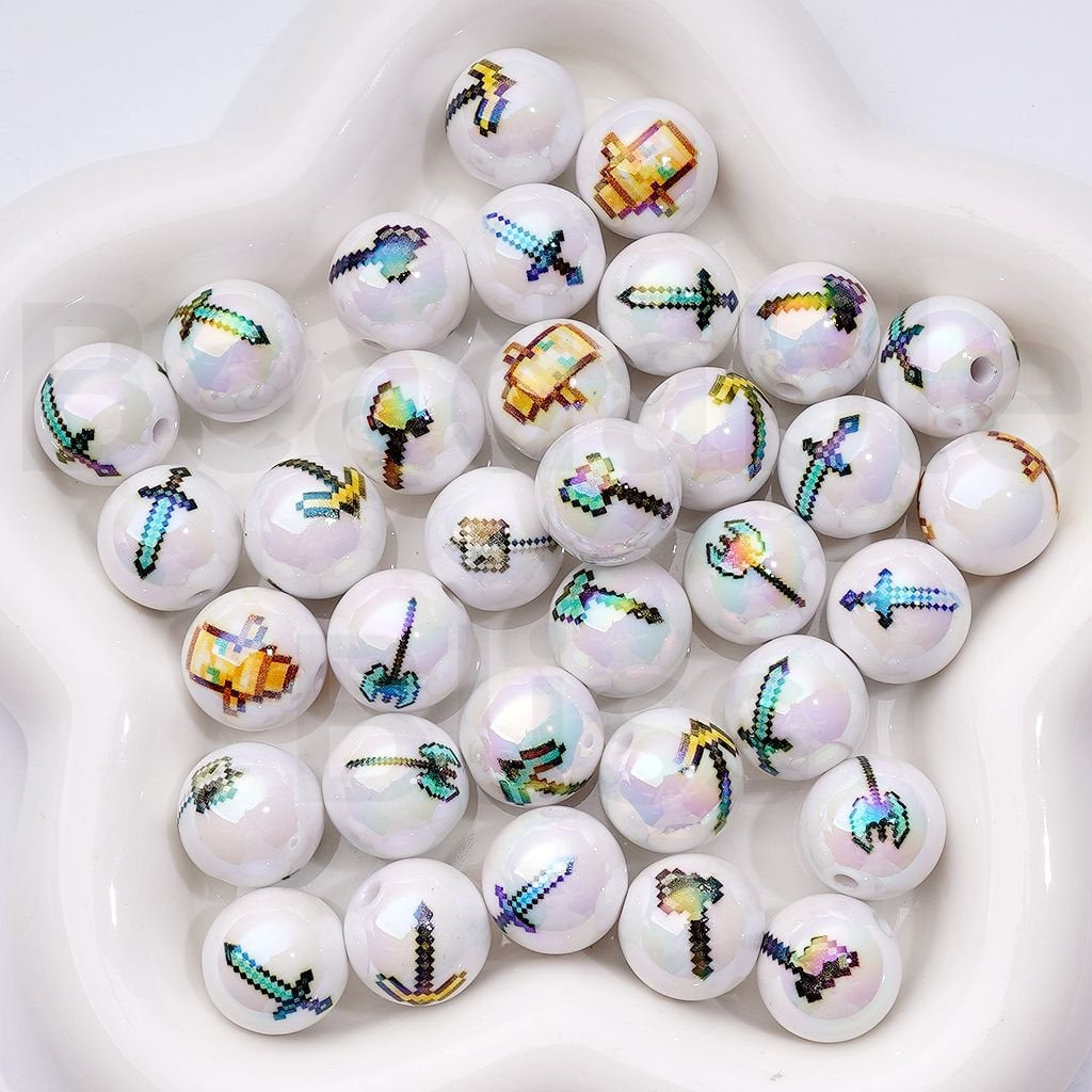 UV Coating White Acrylic Beads Sandbox Game Weapons Theme, Round Design, Mixed Set, 16MM