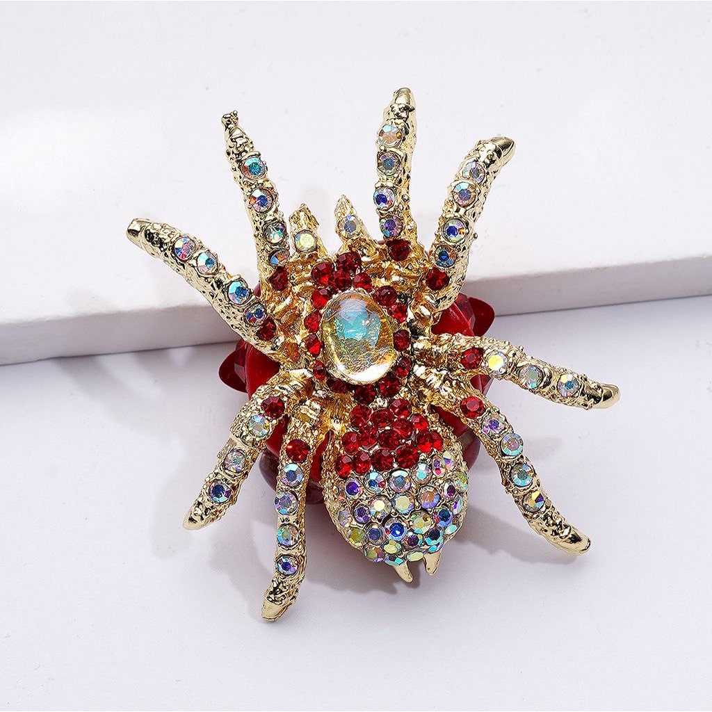 Elegant Gold Alloy Spider Pendant – Sparkling Rhinestones, White Pearls & Adorable Heart, Butterfly & Clay Bead Accents (Approx. 40×44MM)
