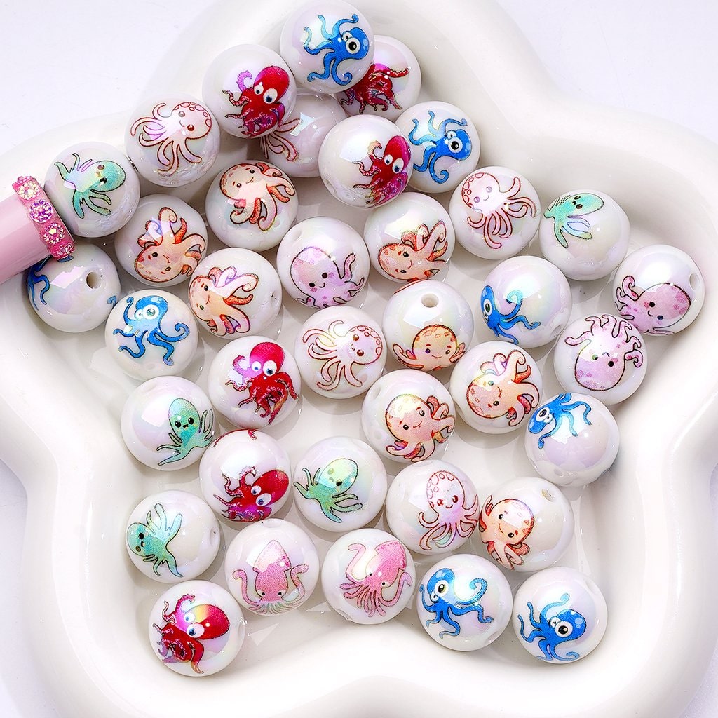 UV Coating Acrylic Beads Octopus & Ocean Animal Theme, Marine-Inspired Mixed Set, 16MM