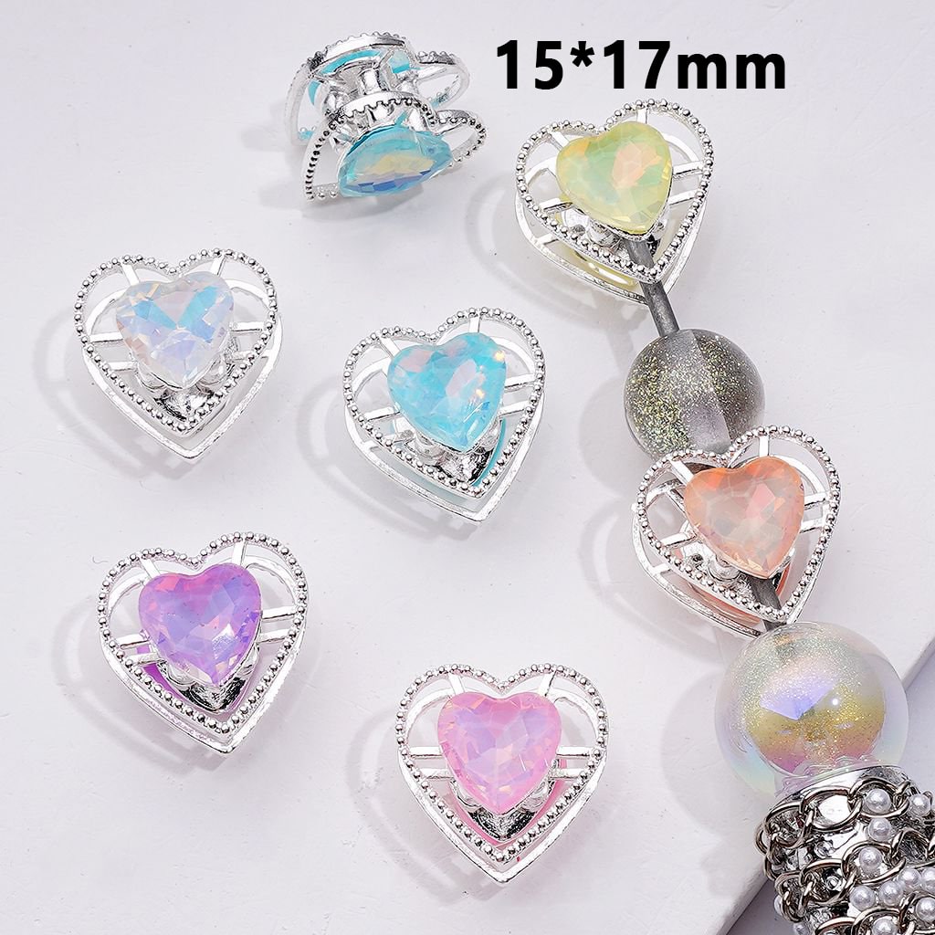 Silver Alloy Heart Beads in Fancy Design with Macaron Colored Rhinestones, 15x17MM, Random Mix