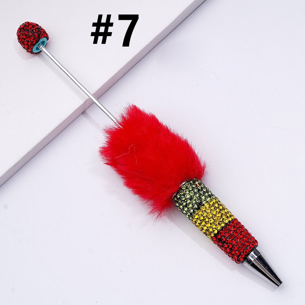 Pom Pom Beadable Clay Pens Covered with Shiny Green Yellow Red Rhinestones Along the Entire Pen