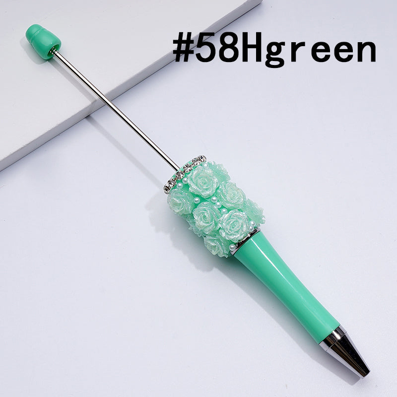 Shiny Glitter Rose Flower with White Pearls Clear Rhinestones Chain Beadable Pen in Solid Color