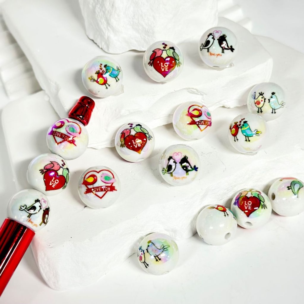 Red Hearts Love Between Birds Valentines UV Finish White Round Acrylic Beads, 16MM
