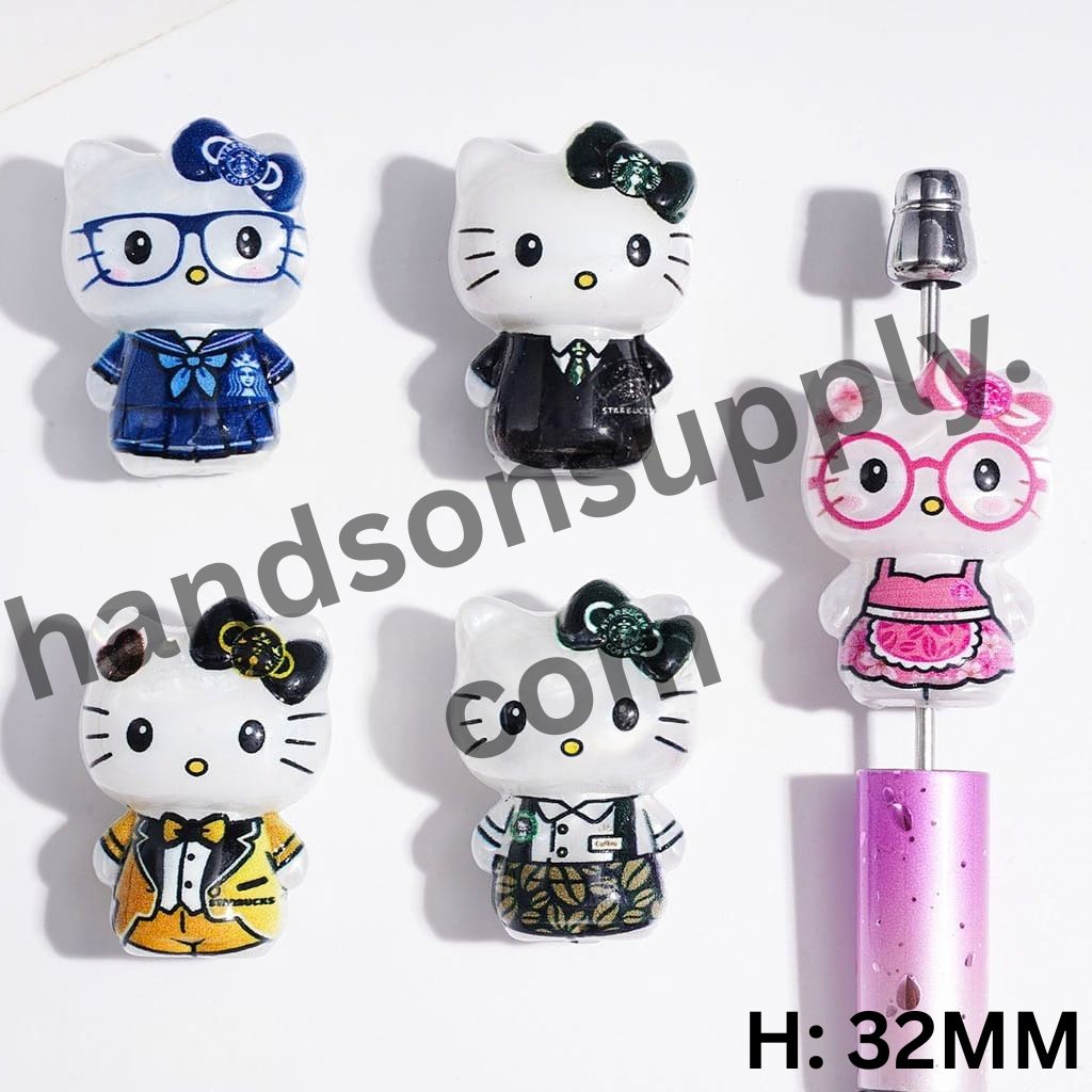 Adorable Cat Character in Assorted Coffee Shop Uniforms Acrylic Beads, Height 32MM, Random Mix