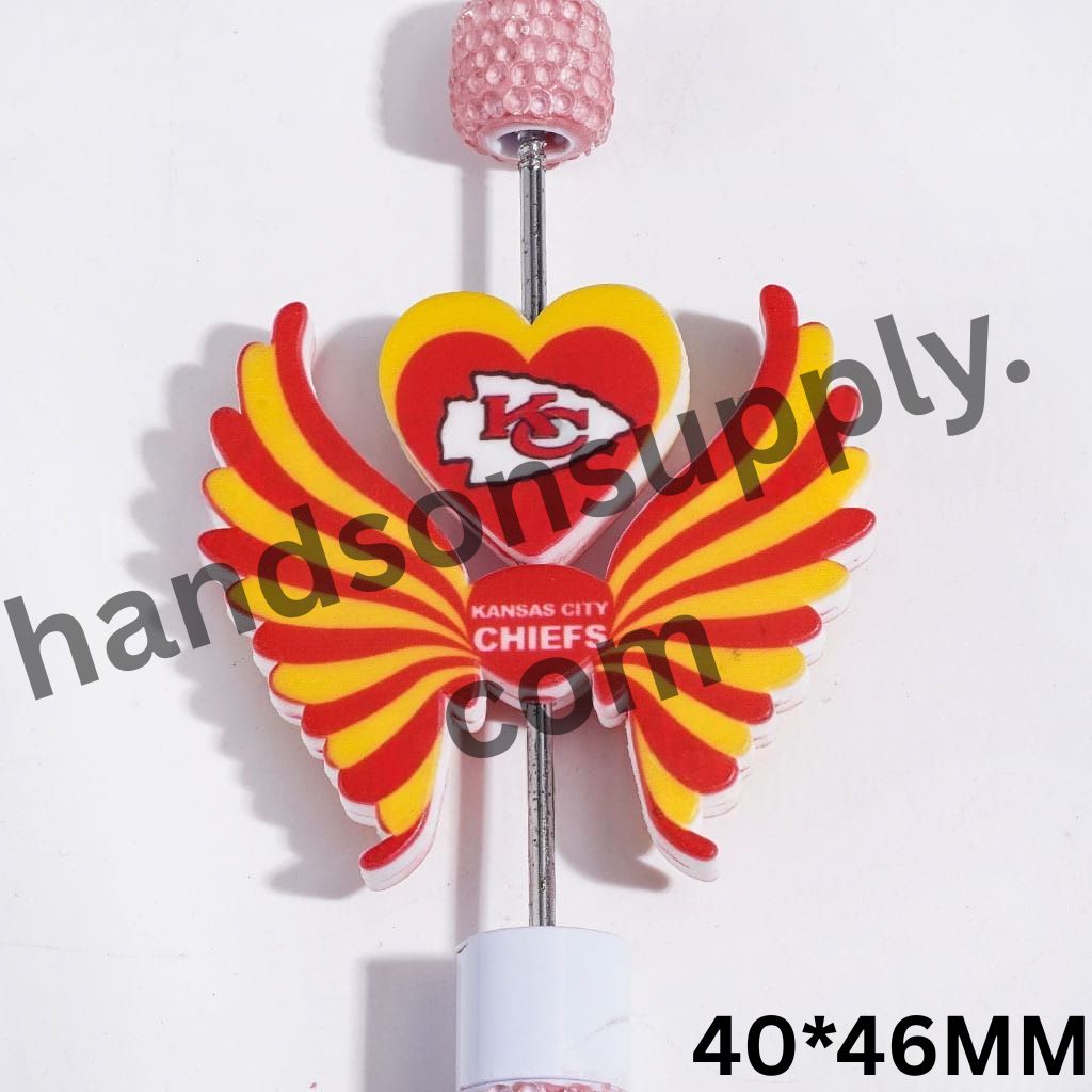 Kansas City American Football Team Logo Printed Heart and Wing-Shaped Silicone Focal Beads Set, 40*46MM