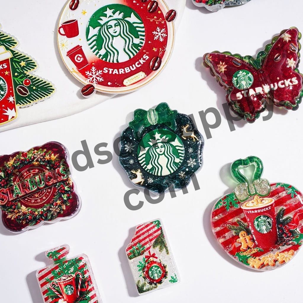 Festive Red & Green Christmas Coffee Theme Crackle Acrylic Beads & Pendant Charms, Random Mix