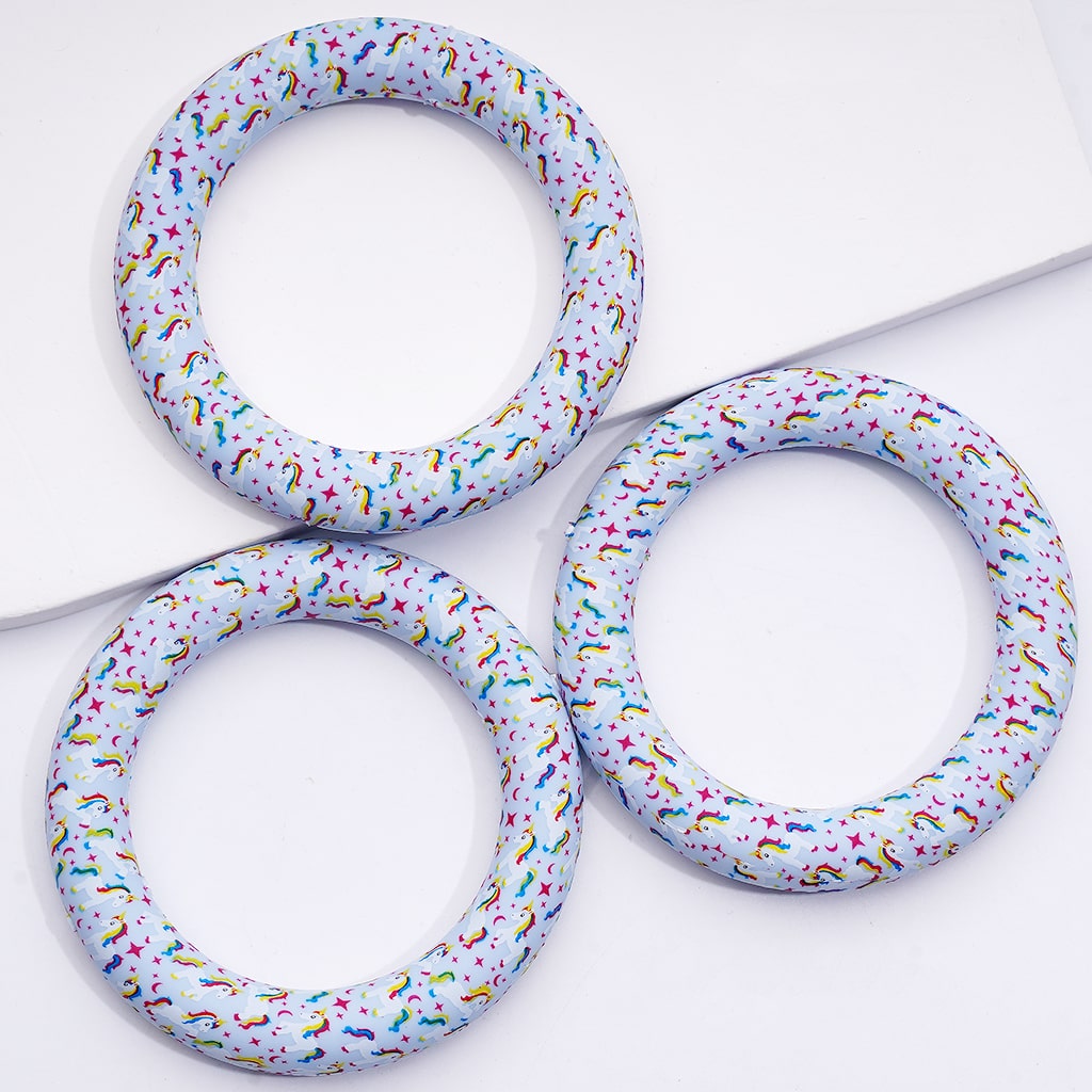 Soft Blue Circle Frame Unicorn Pattern Silicone Bead Ring Car Charm Loop 65mm
