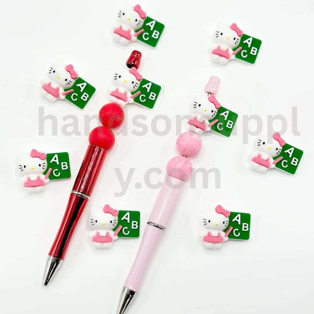 Cute Cat Character in a Pink Bowknot Teaches ABC English 3D Little Silicone Focal Beads