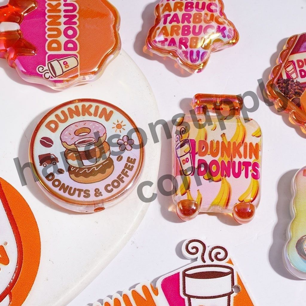 UV-Coated Coffee & Doughnut Design in Orange & Pink Acrylic Beads and Pendants, Random Mix