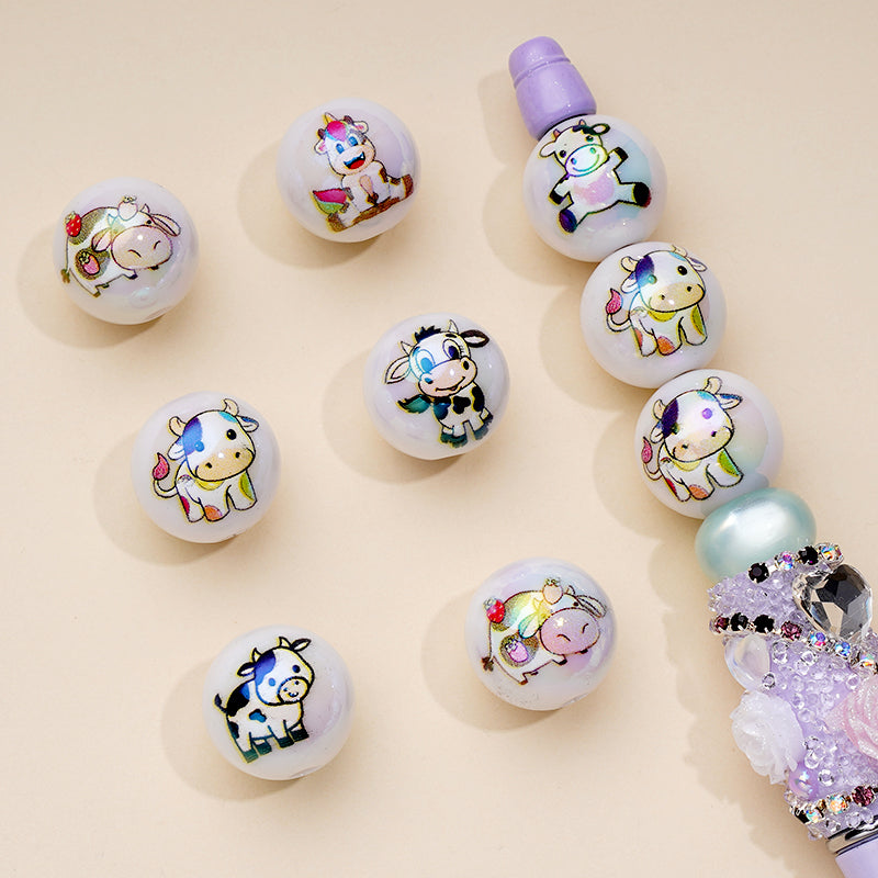 UV Coated Cute Calf Cow Round Acrylic Beads 16 MM Random Mix