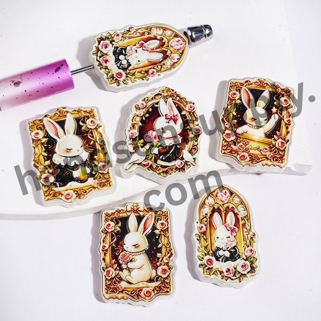 Romantic Rose Flower & Rabbit Picture Frame with Gold Border Acrylic Beads, Random Mix