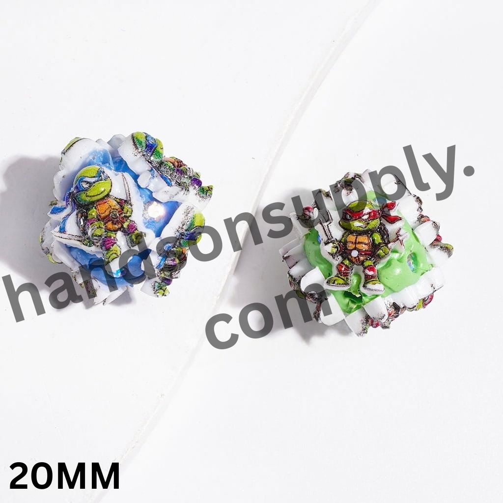 Green Comic Hero Turtle Character with Eye Mask and Knee Pads Clay Beads, 20MM, Random Mix