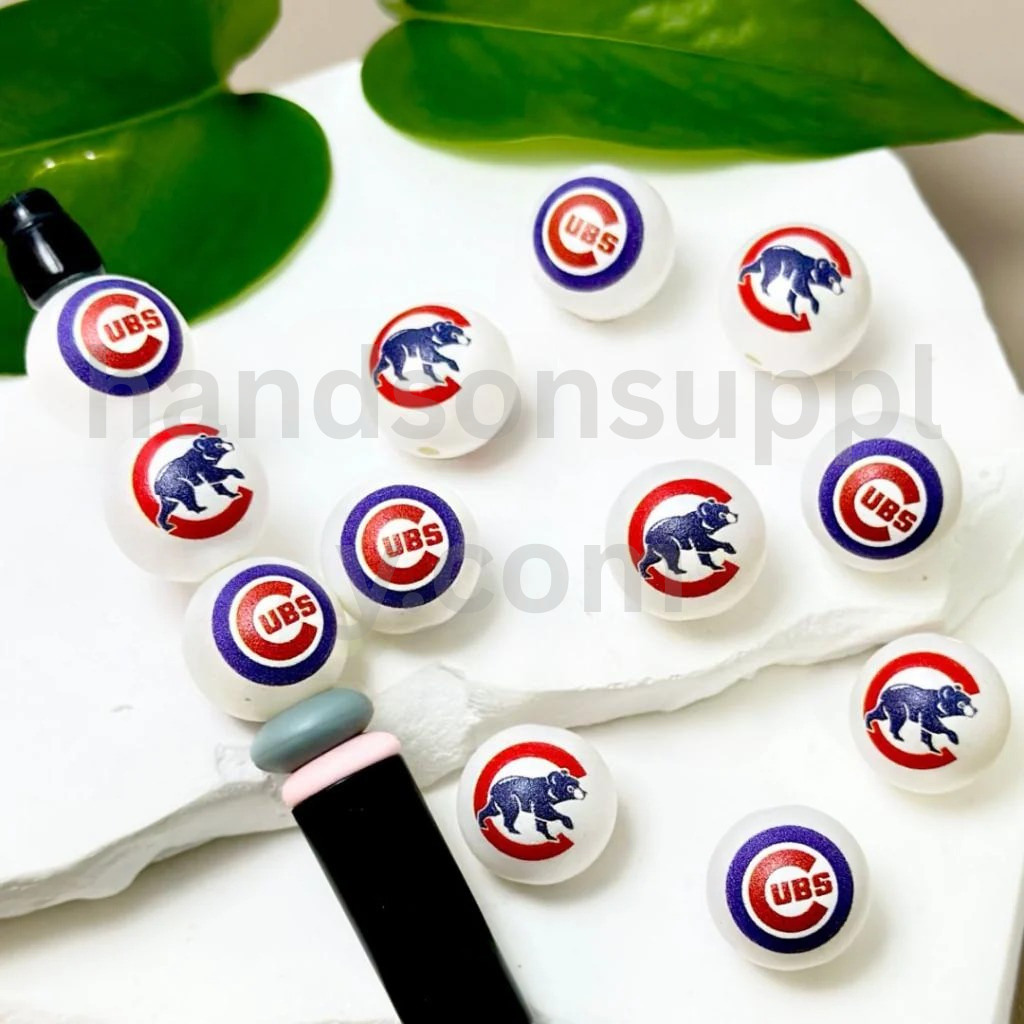 Chicago Cubs Baseball Theme 16MM Frosted White Round Acrylic Beads Random Mix