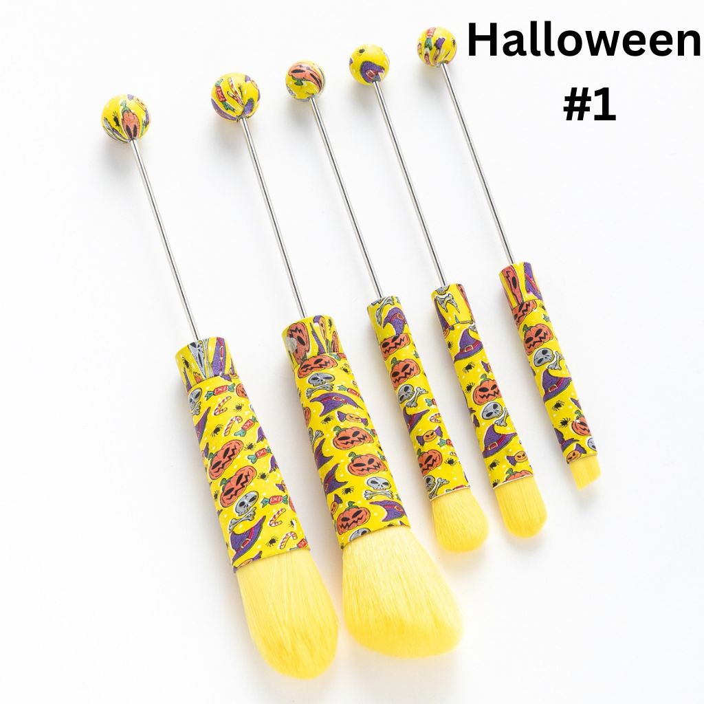Halloween Metal Beadable Makeup Brushes with Spooky Prints (1 Set = 5 pieces)