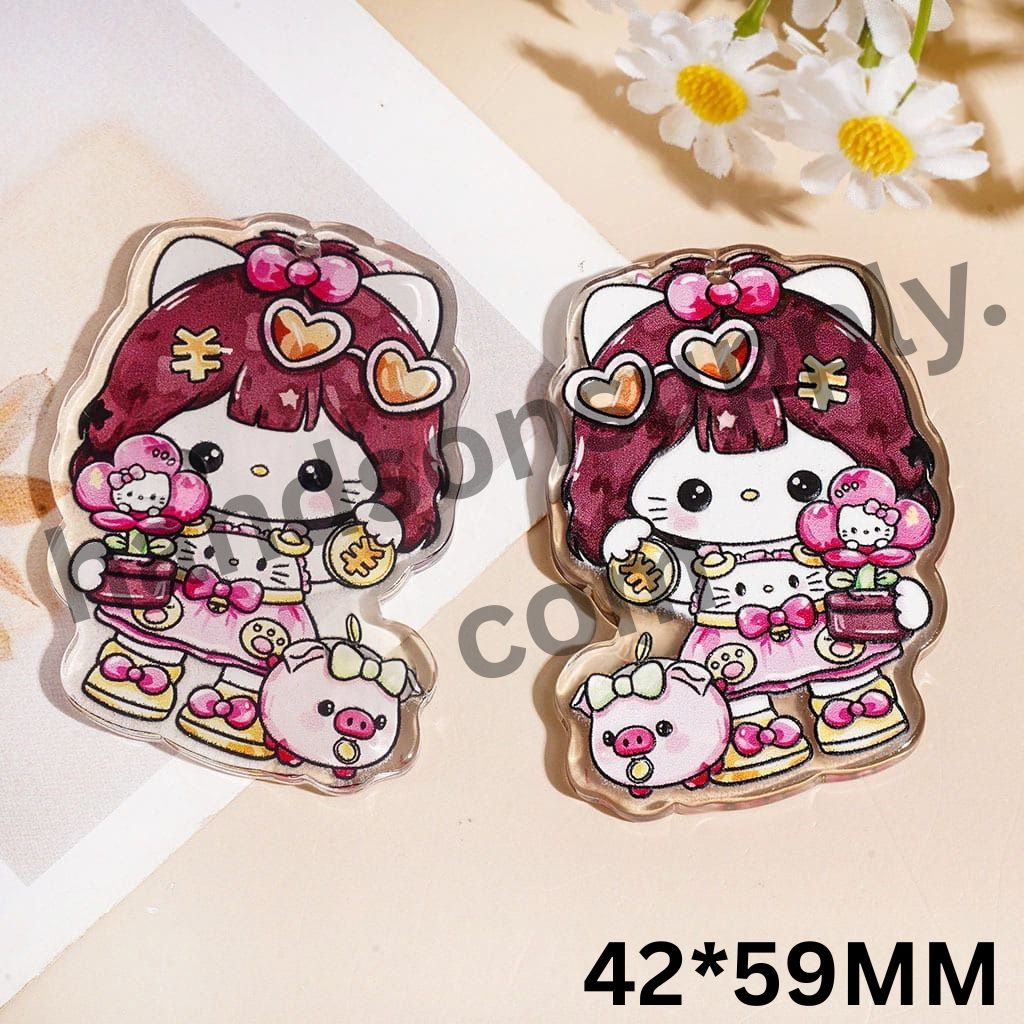 Adorable Pink Bow Girl Carrying Flower Pot, Coin & Piggy Bank Single-Side Acrylic Pendants, 42*59MM