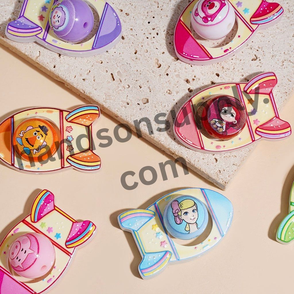 Classic Animation Character Rocket Frame & Round Acrylic Beads Set, Random Mix