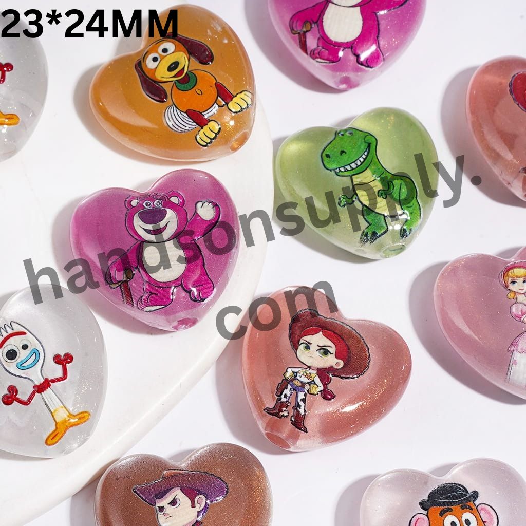 Adorable Toy Adventure Character Image Series Glitter Heart Shaped Acrylic Beads, 23*24MM, Random Mix