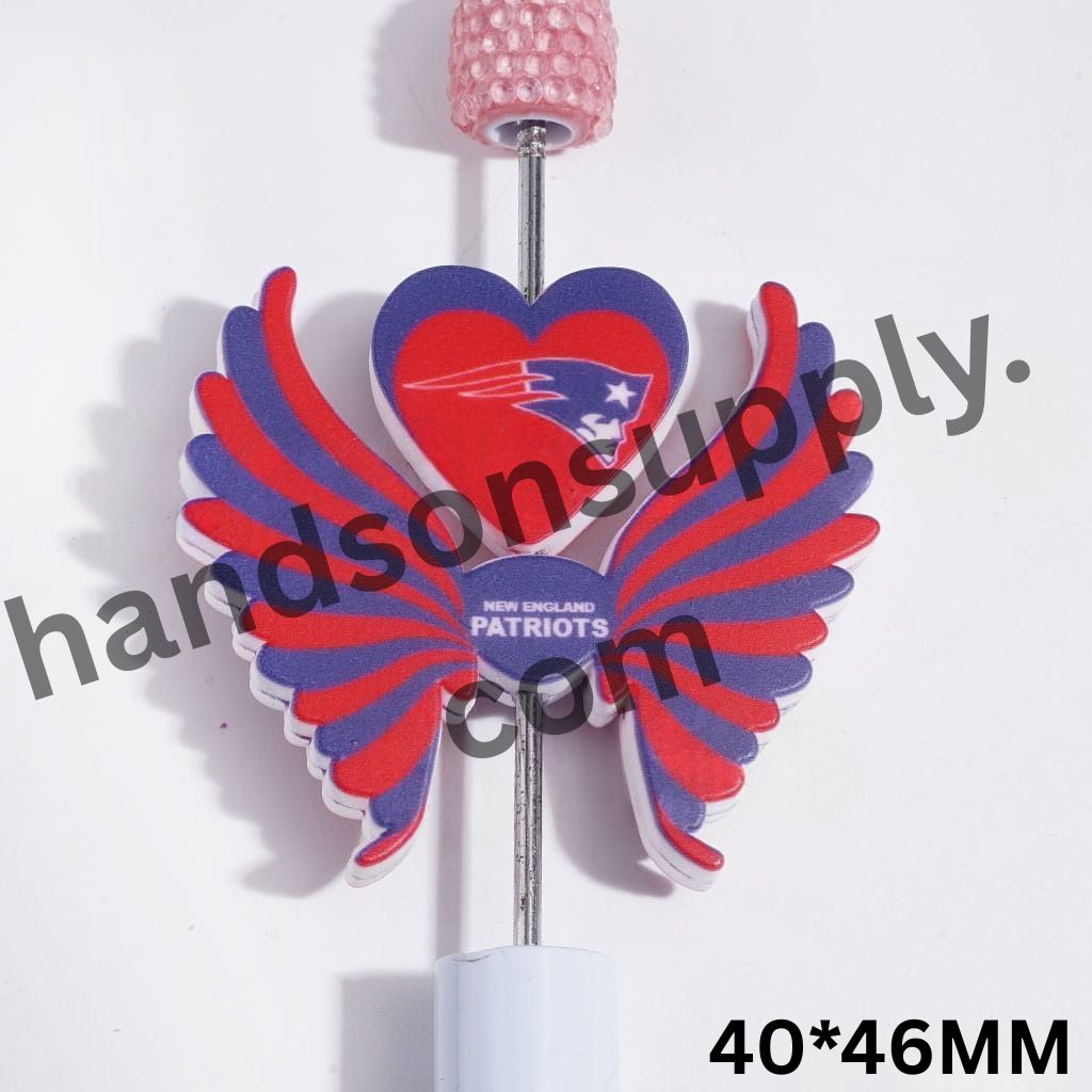 NE American Patriots Patriotic Football Team Pattern Heart and Wing Silicone Focal Beads Set, 40*46MM