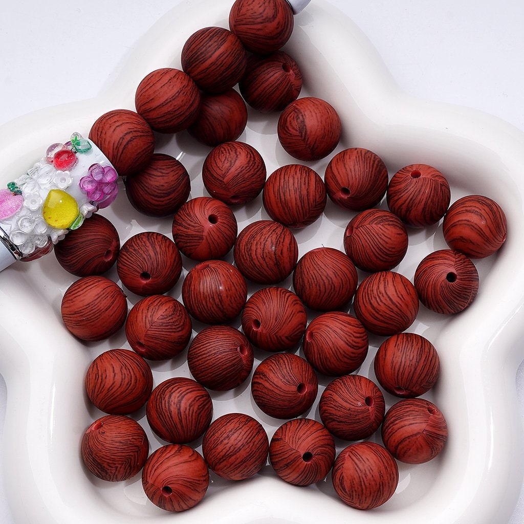 Black Wood Grain Silicone Beads – Bold Red Print, 15MM, Z-00235