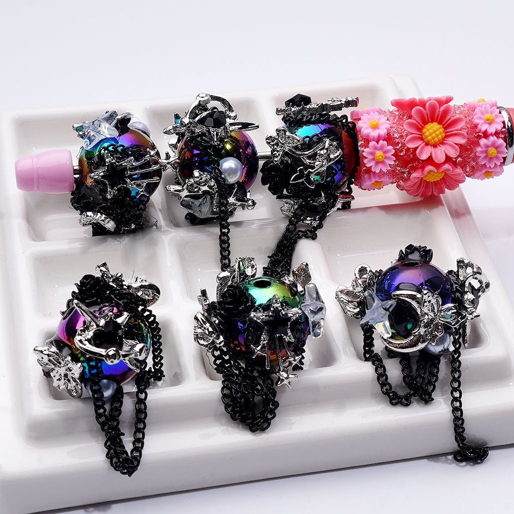 Elegant Silver Alloy Butterfly & Star Chain – White Pearls, Black Metal Links, Floral Accents & Vibrant Round Acrylic Beads (Approx. 16MM)
