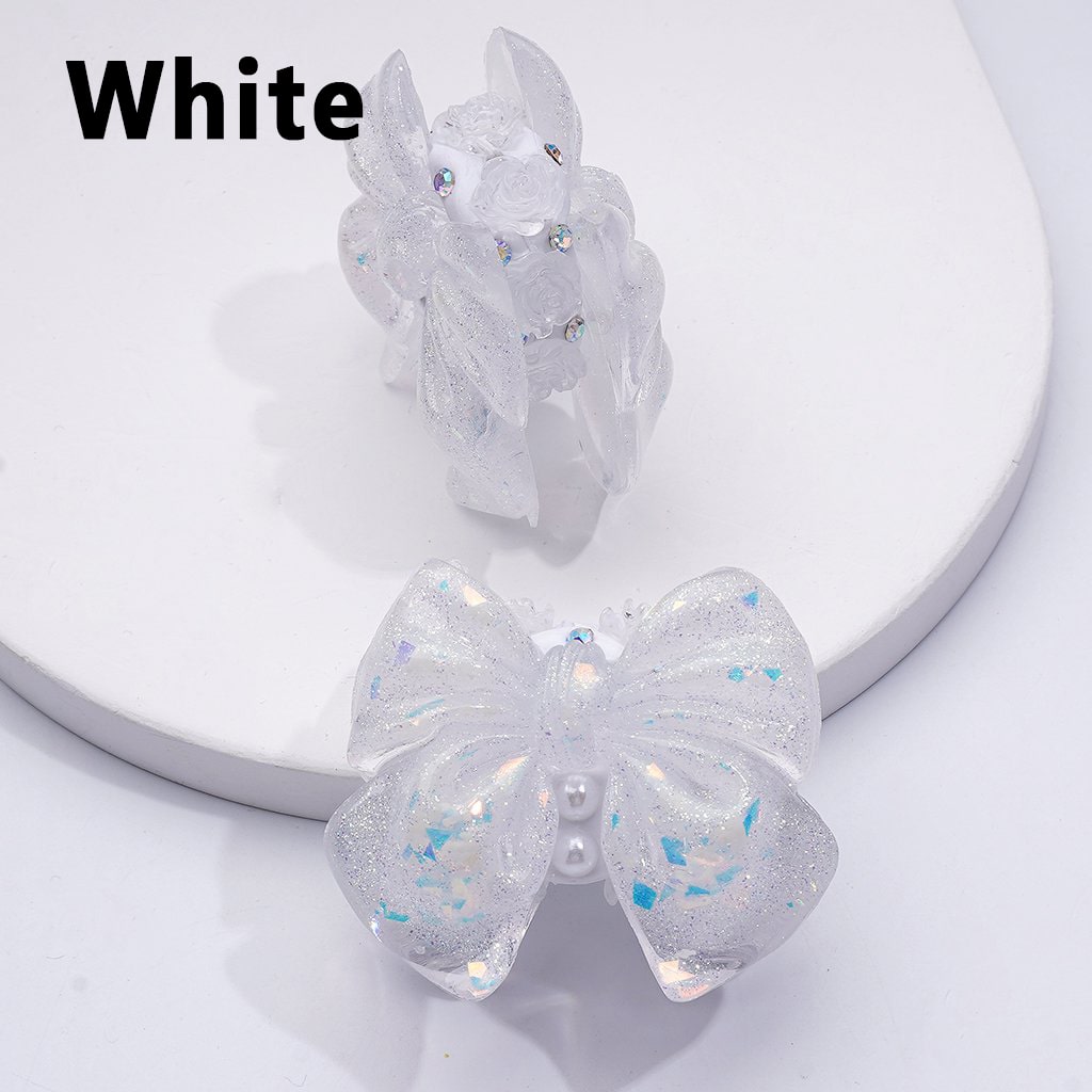 Sparkling Glitter Bowknot with Mini Floral Accents – Adorned with White Pearls, AB Rhinestones & Decorative Clay Beads 41*34MM