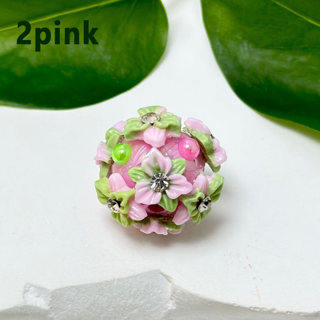 Cute Mini Round Acrylic Beads with Colorful Flowers, Clear Rhinestone Inside, and Shiny Pearls, Around 22MM