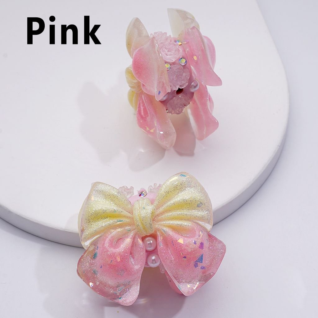 Sparkling Glitter Bowknot with Mini Floral Accents – Adorned with White Pearls, AB Rhinestones & Decorative Clay Beads 41*34MM