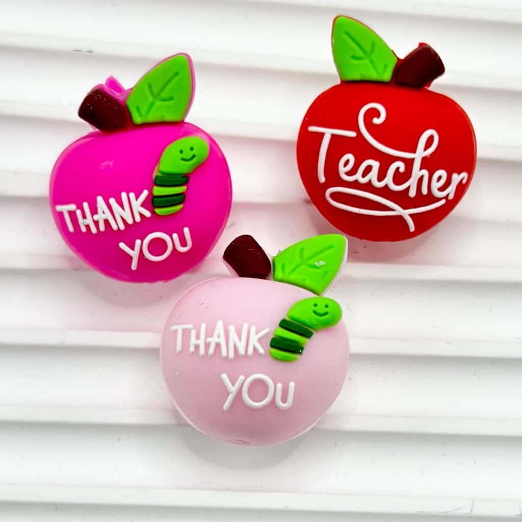 Red 3D Mini Cute Rose & Thank You School Red Apple Teacher Silicone Focal Beads