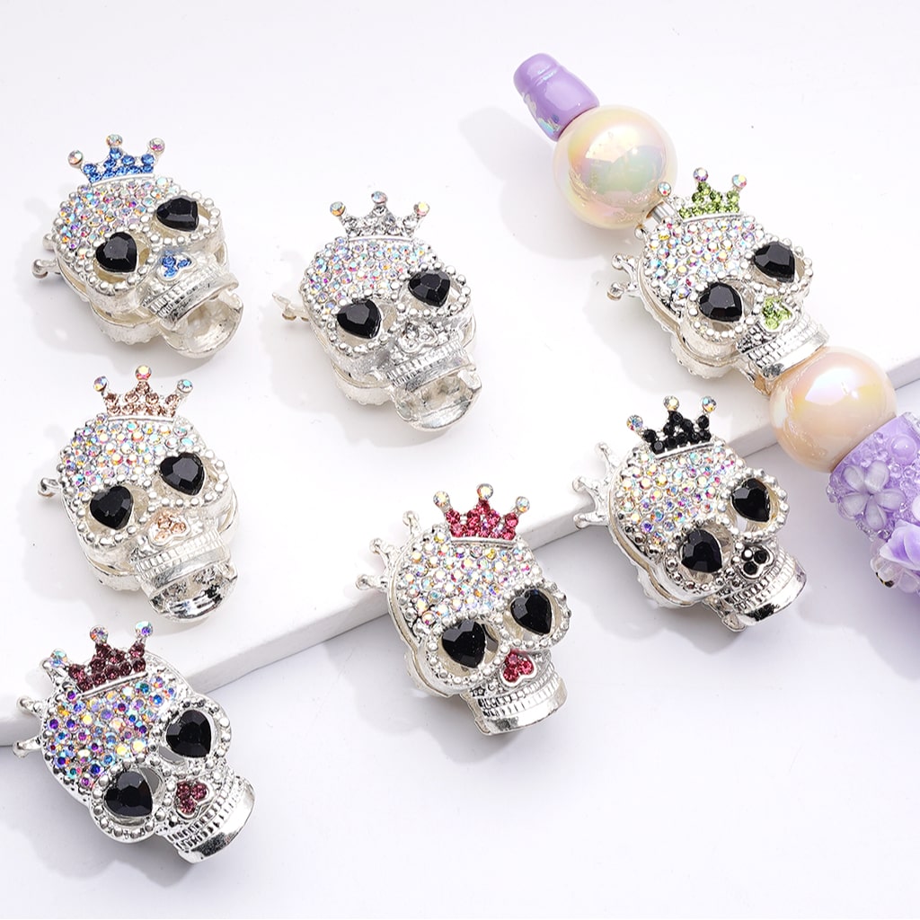 Skeleton Skull Head with Crown AB Rhinestone Accents Fancy Silver Alloy Beads 29*19MM, Random Mix