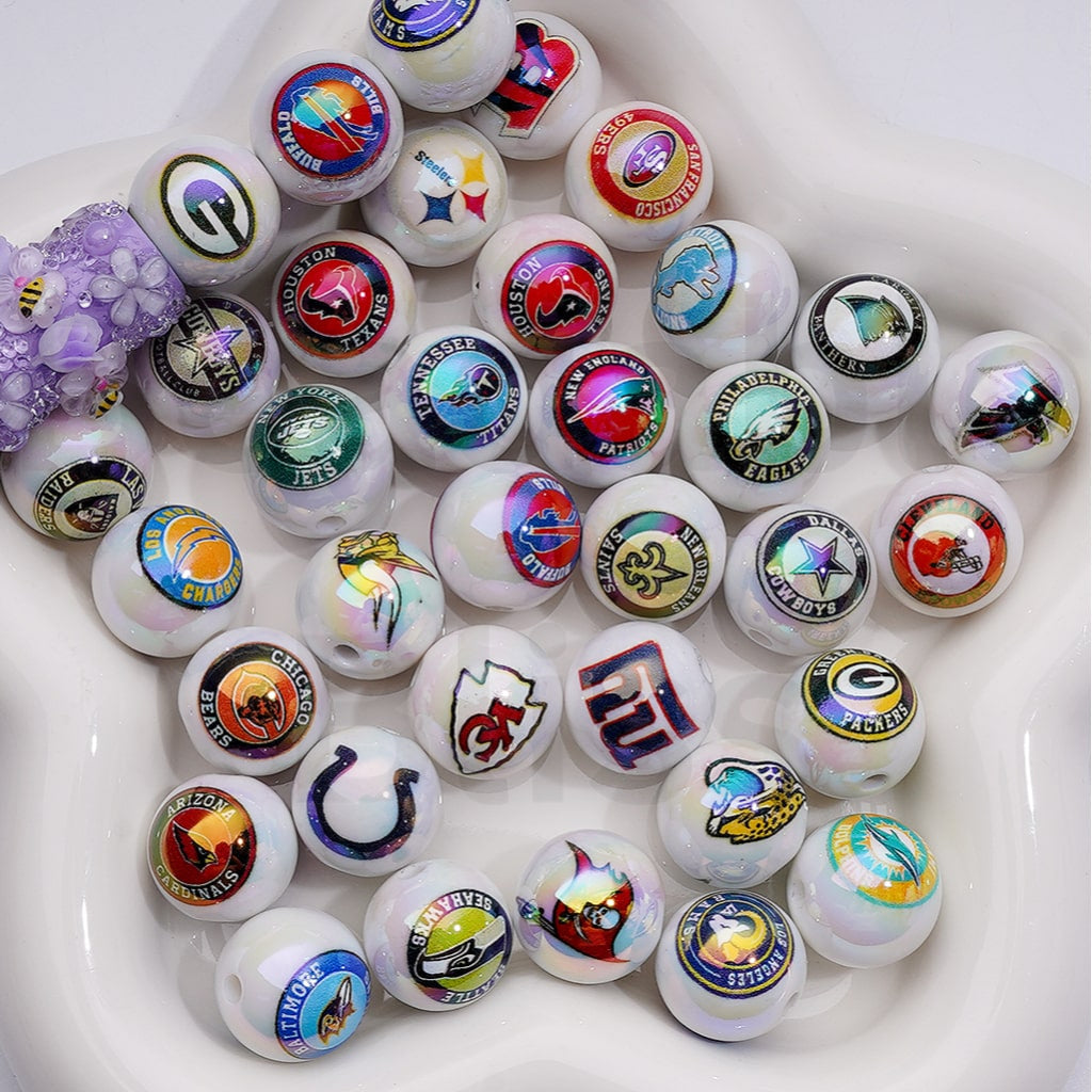 NF Football Teams USA American UV Coating Round Acrylic Beads, 16MM, Random Mix and Single Team Both Available to Choose