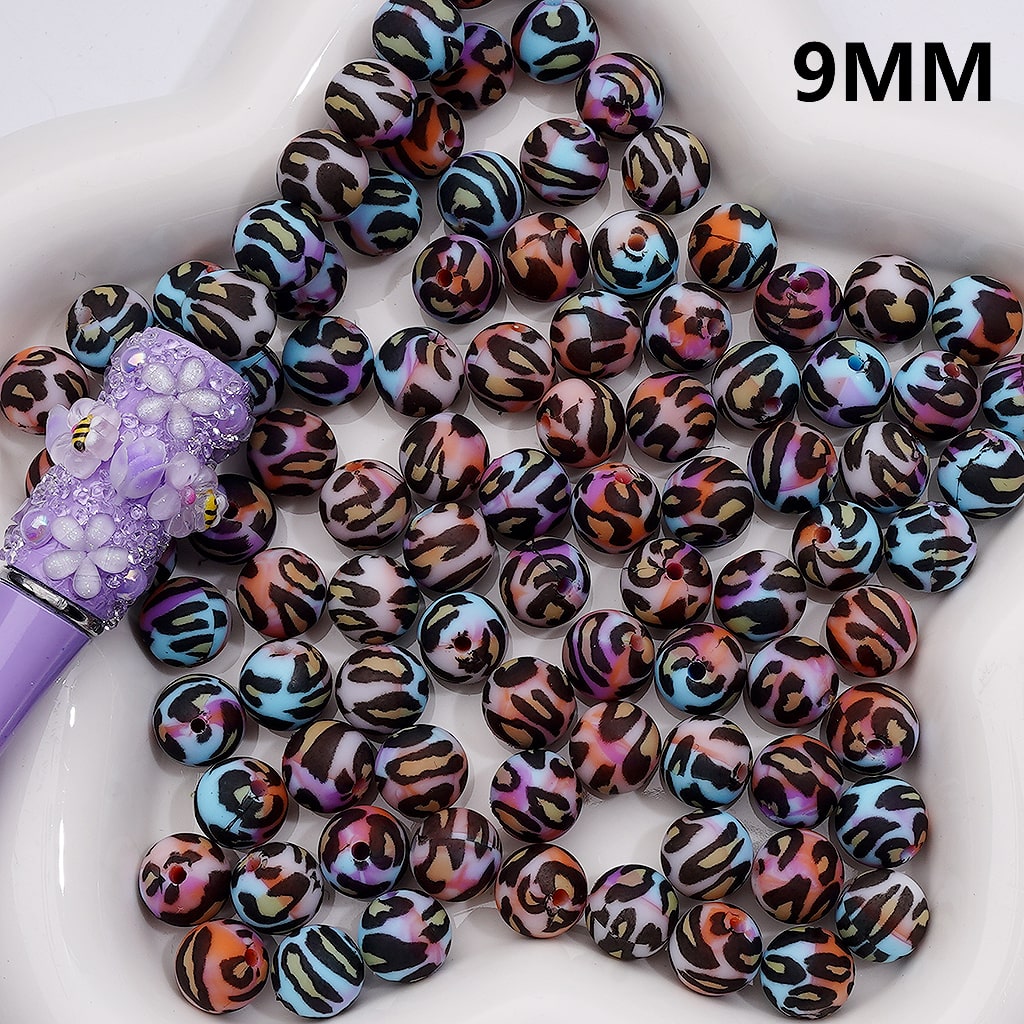 Colorful Leopard Brown Black Printed Silicone Beads, 9MM, Number Z-00261