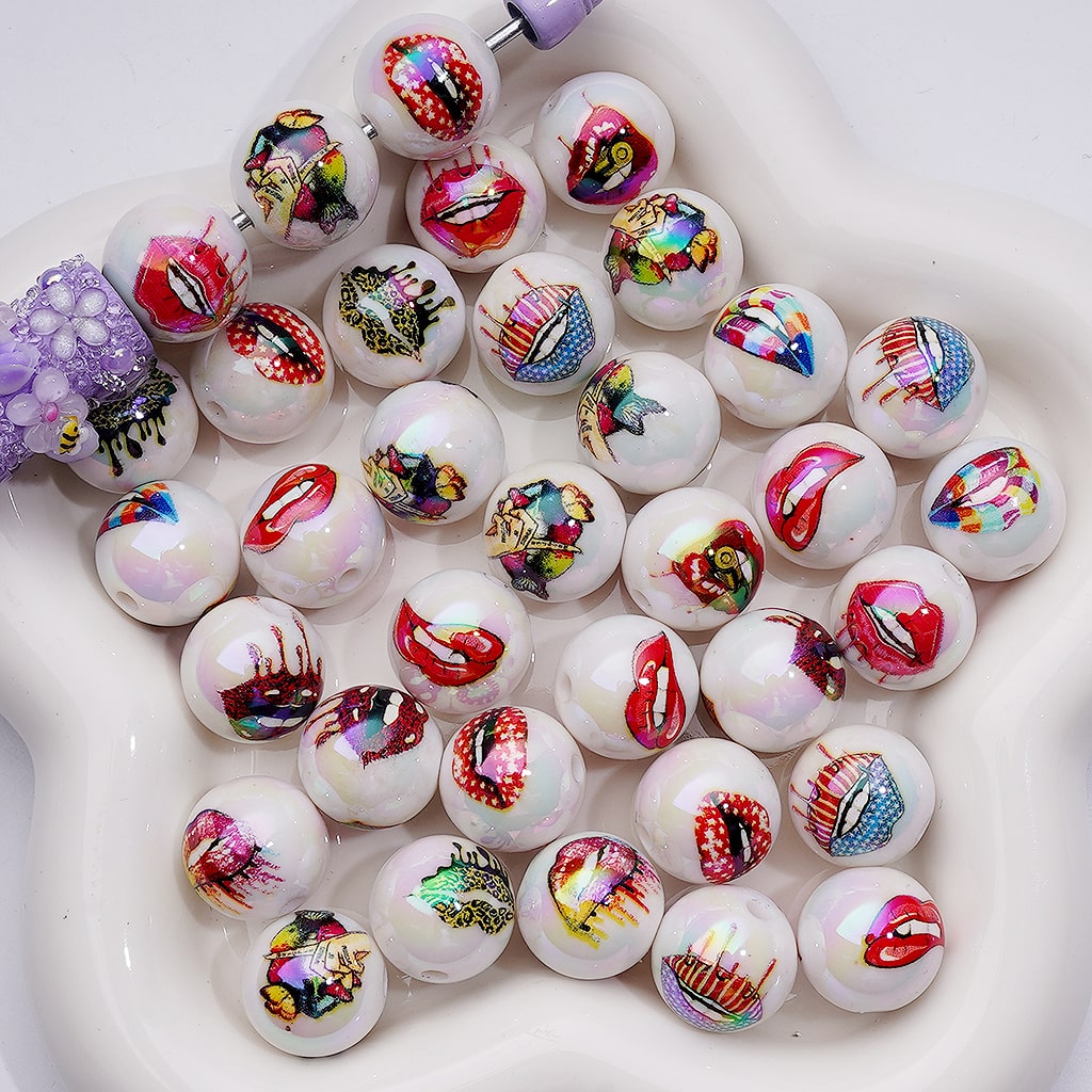 UV Coating USA America Patriotism Multi-Color Lips Jelly White Clear Round Acrylic Beads 16MM