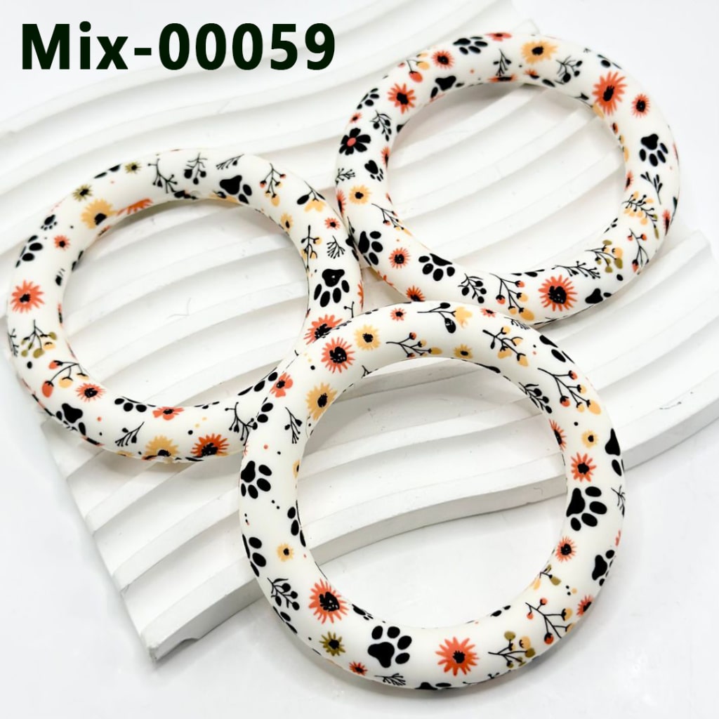 Flowers Black Paw Prints Colorful Mini Silicone Ring Frame Bead Circle Round Soft Car Hanger Charm Loop 65mm