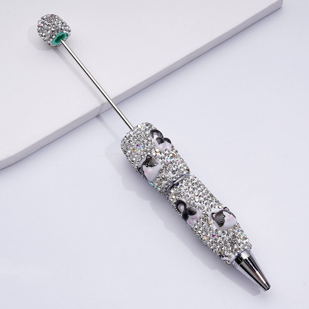 Clay Beadable Pens Adorned with Colorful Flowers, Sparkling Rhinestones & Tiny Black Snowballs