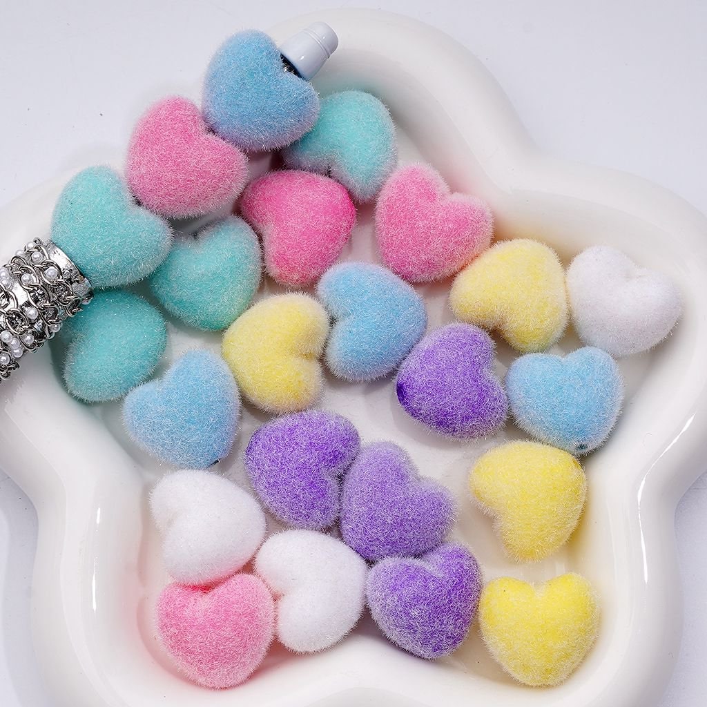 Fluffy Flocked Heart Charms Soft Acrylic Beads in Random 20*21MM Mix