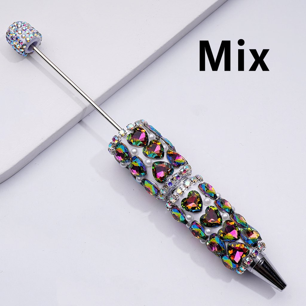 Beadable Clay Pen with Colorful Shiny Hearts, White Pearls & AB Rhinestone Chain DIY Glam Stationery