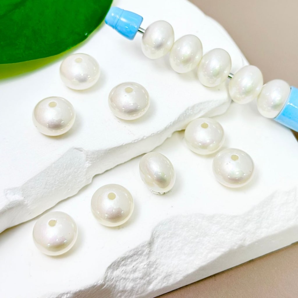 White Flat Pearl Glossy Acrylic Beads, 12MM