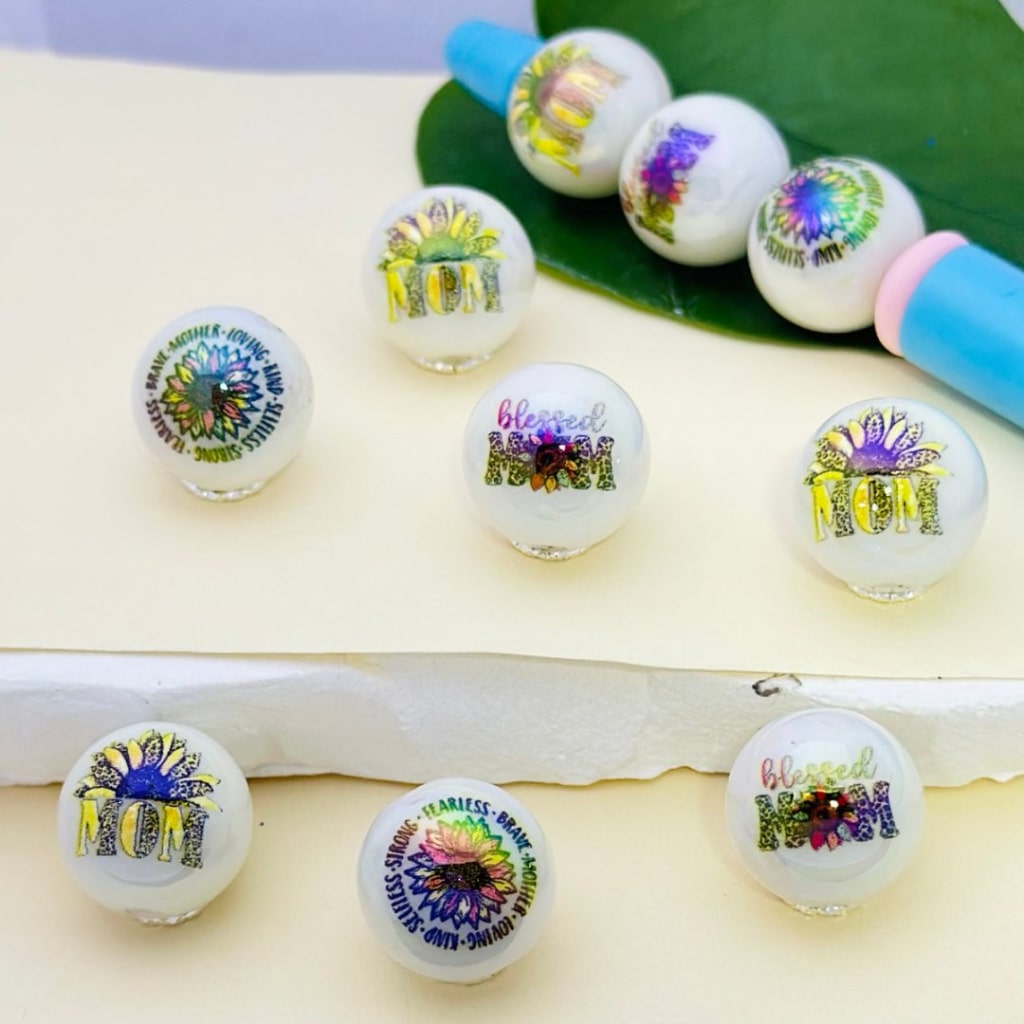 Blessed UV Finish White Mom Flower Round Acrylic Beads, 16MM, Random Mix