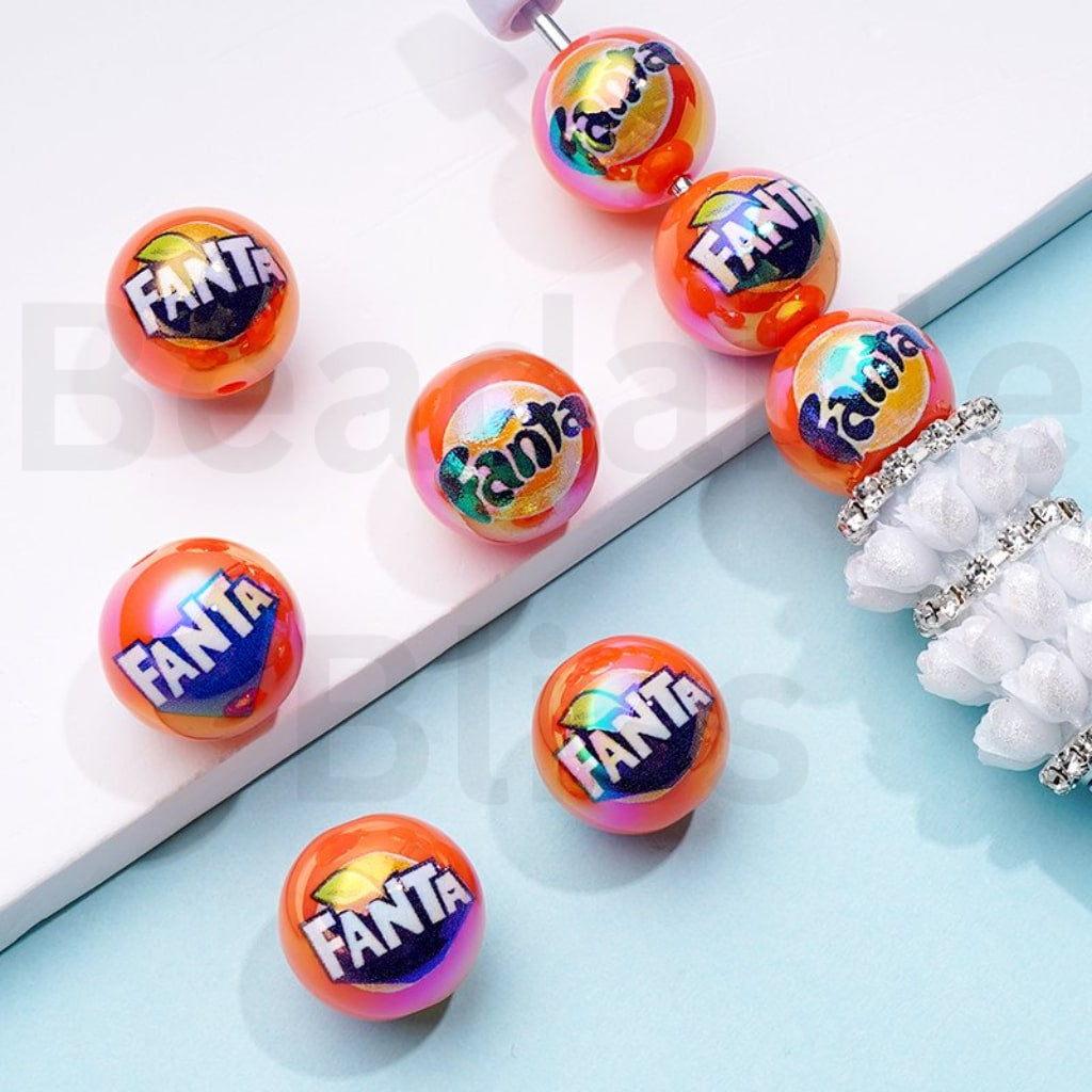 UV Coating Drink Soda Fant Orange Round Acrylic Beads, 16MM, Random Mix