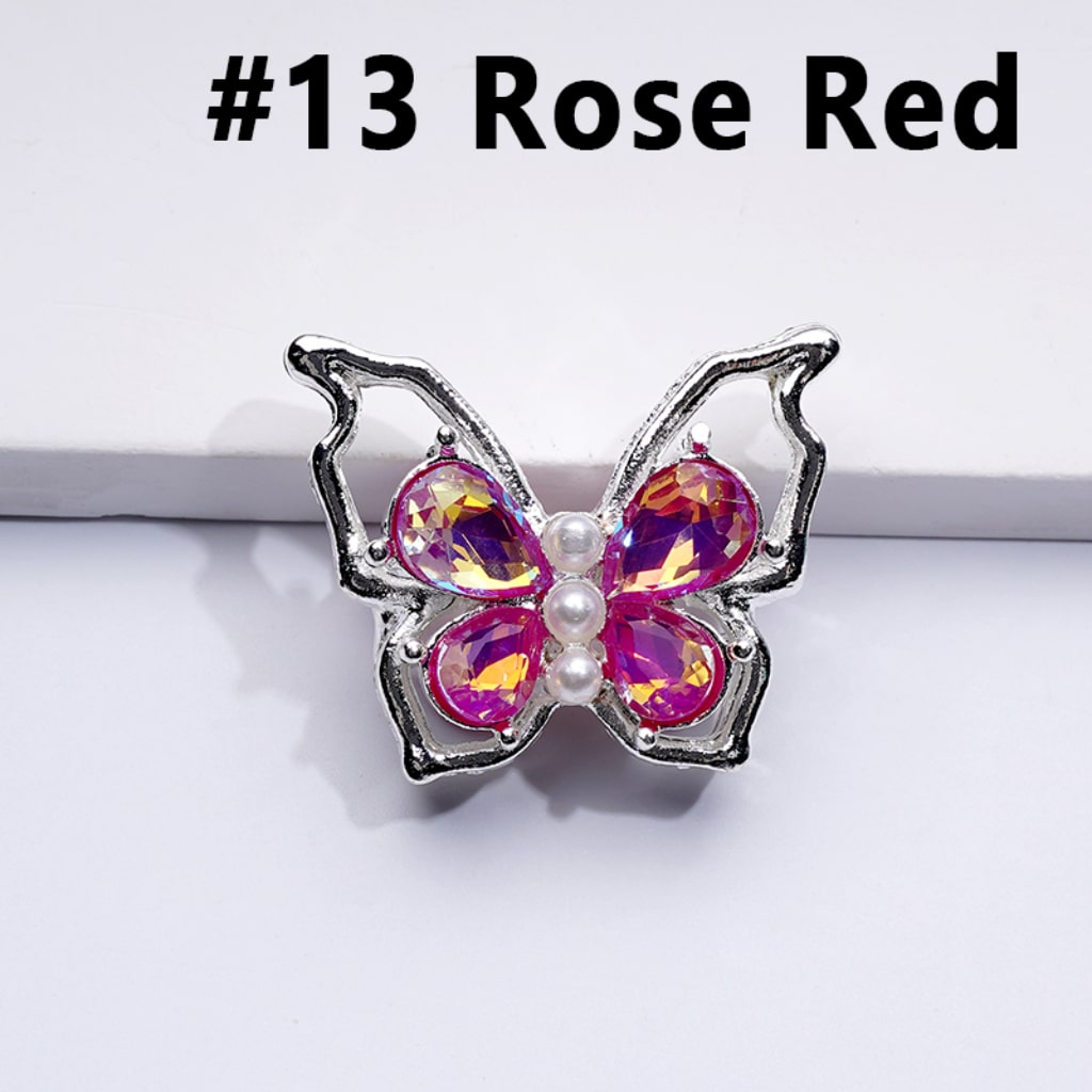 Fancy Silver Alloy Bling Bling Butterfly with Colorful Shiny Rhinestones White Pearls Beads, Around 33*25MM