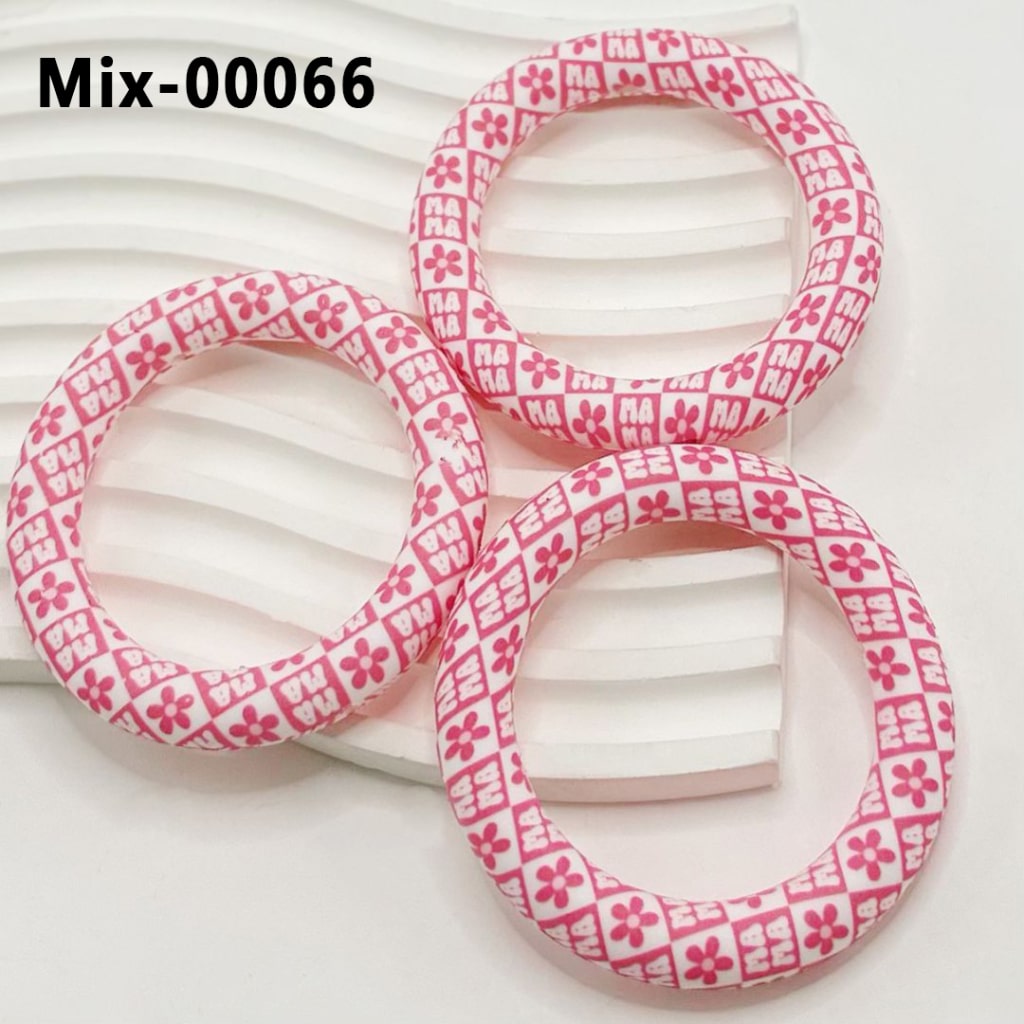 Mama Mom Mother's Day Pink White Flower Design Silicone Ring Frame Bead Circle Round Soft Car Hanger Charm Loop 65mm